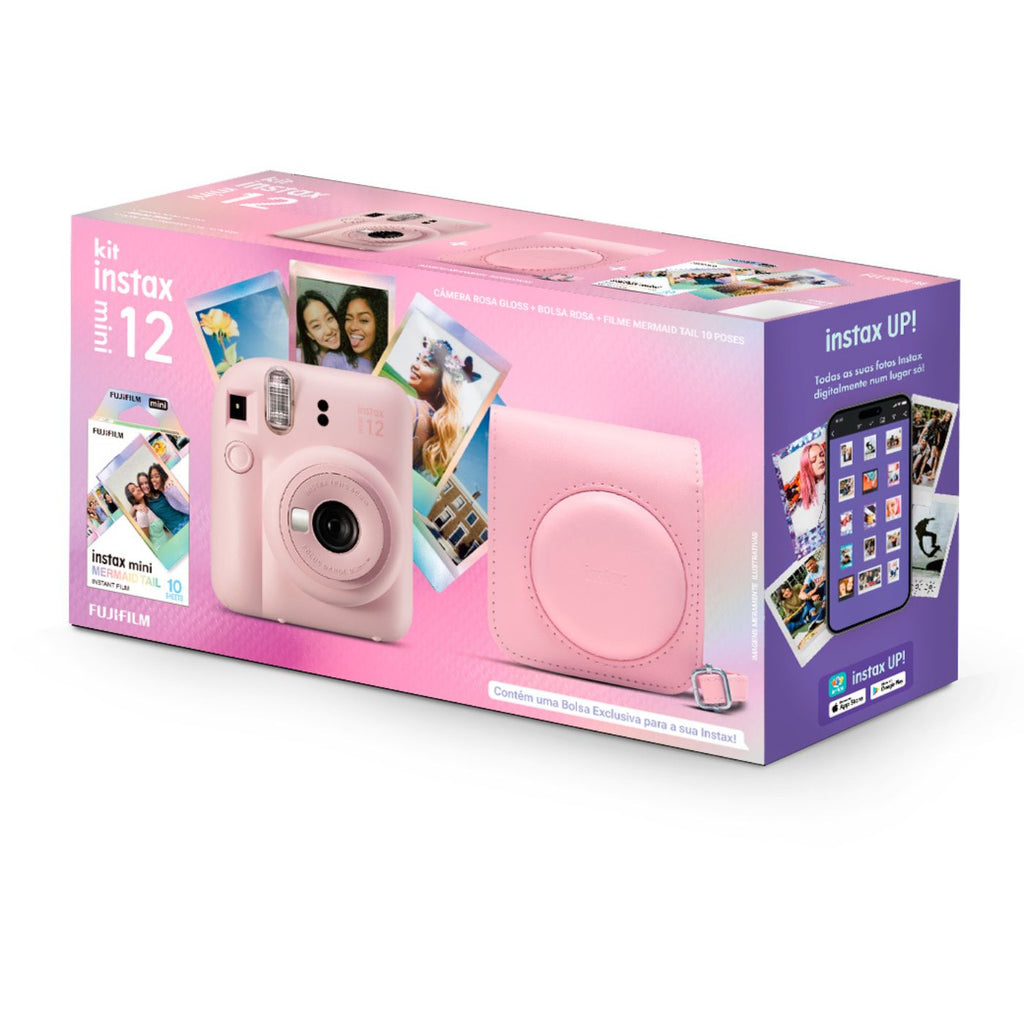 Câmera Instantânea Fujifilm instax mini 12™ Rosa Gloss + Pack 10 filmes Mermaid Tail + Bolsa Rosa Gloss