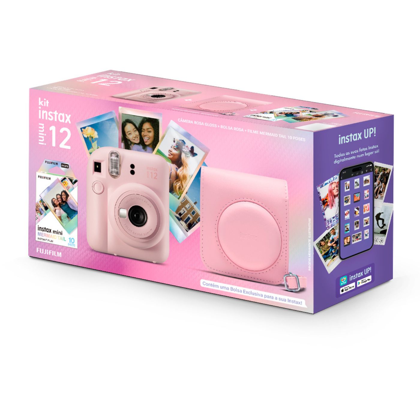 Câmera Instantânea Fujifilm instax mini 12™ Rosa Gloss + Pack 10 filmes Mermaid Tail + Bolsa Rosa Gloss