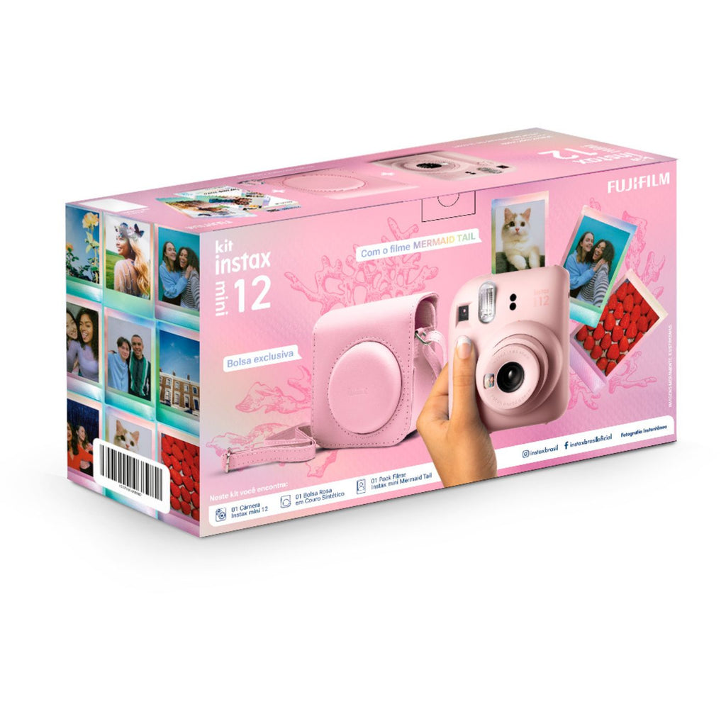 Câmera Instantânea Fujifilm instax mini 12™ Rosa Gloss + Pack 10 filmes Mermaid Tail + Bolsa Rosa Gloss