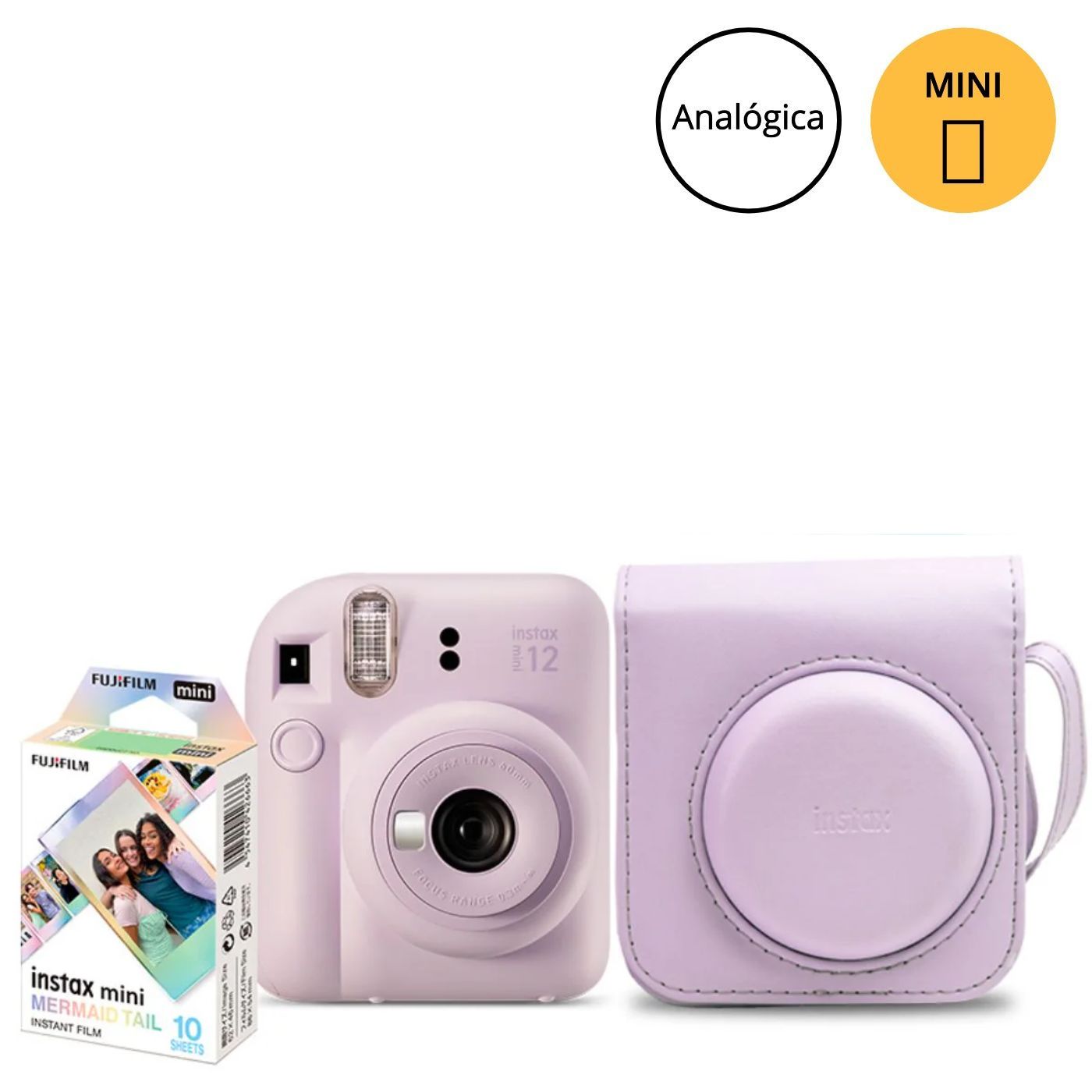 Câmera Instantânea Fujifilm instax mini 12™ Lilás + Pack 10 filmes Mermaid Tail + Bolsa Lilás Candy