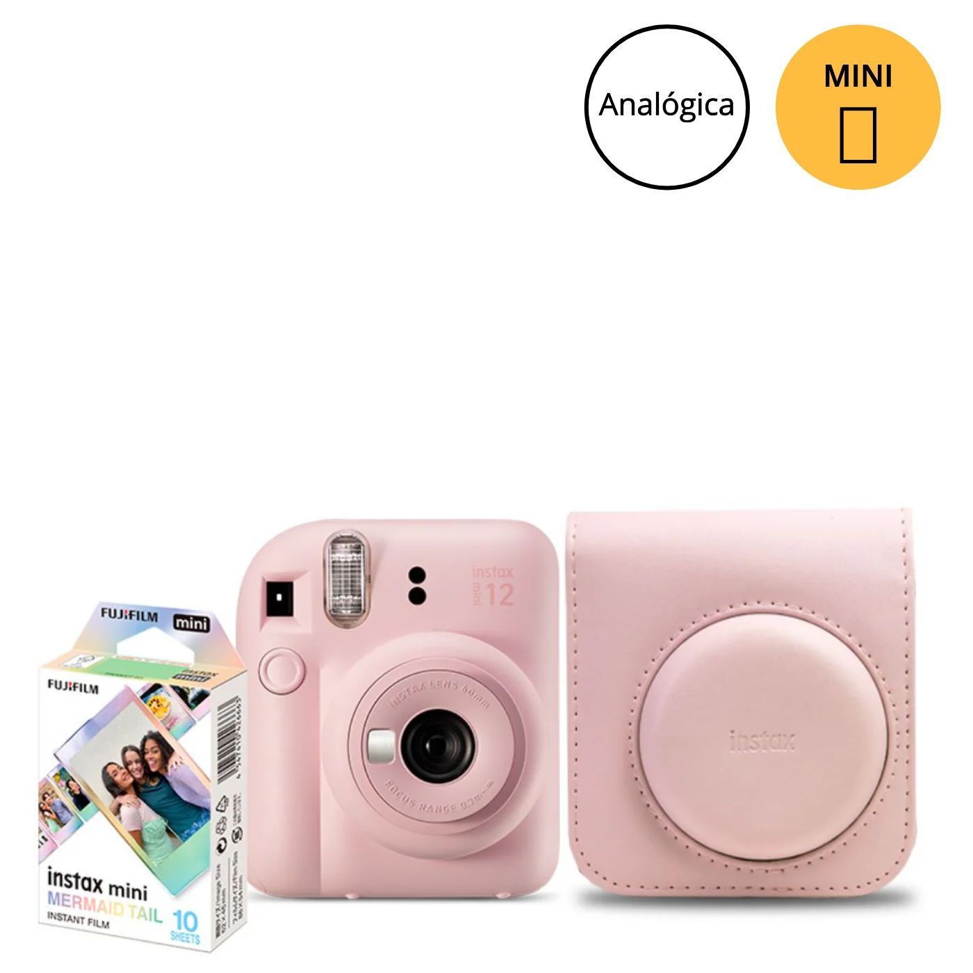 Câmera Instantânea Fujifilm instax mini 12™ Rosa Gloss + Pack 10 filmes Mermaid Tail + Bolsa Rosa Gloss